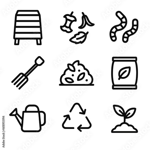 Composting Icon Set. Solid, filled icon set of composting in gardening: compost bin, organic waste, earthworms, garden fork, leaf