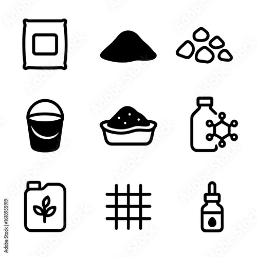 Concrete Materials Icons. Solid, filled icon set of concrete floor materials: cement bag, sand pile, gravel, water bucket,