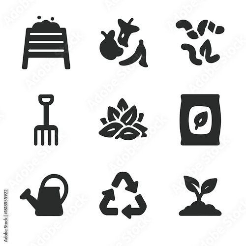 Composting Icon Set. Solid, filled icon set of composting in gardening: compost bin, organic waste, earthworms, garden fork, leaf
