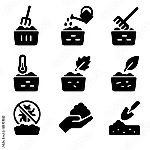 Compost Maintenance Icons. Solid, filled icon set of compost maintenance: aerating, moistening, turning, monitoring temperature,