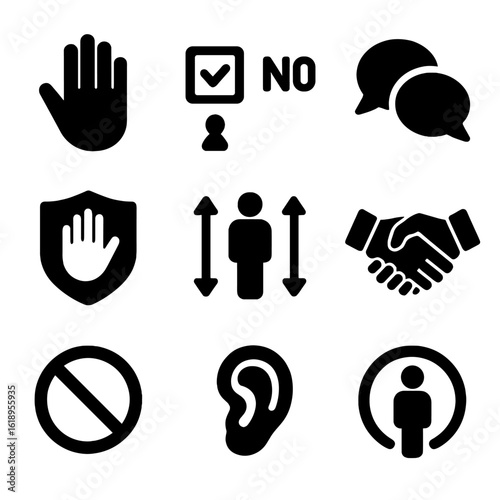Consent Icons Grid. Solid, filled icon set of boundary respect and consent: stop hand, yes/no checkbox, conversation icon, respect