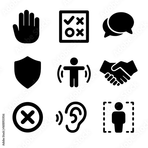 Consent Icons Grid. Solid, filled icon set of boundary respect and consent: stop hand, yes/no checkbox, conversation icon, respect
