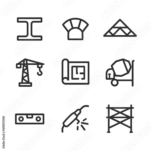 Construction Icon Set. Outline icon set of construction engineering: beam, keystone, truss, crane, blueprint, concrete mixer,