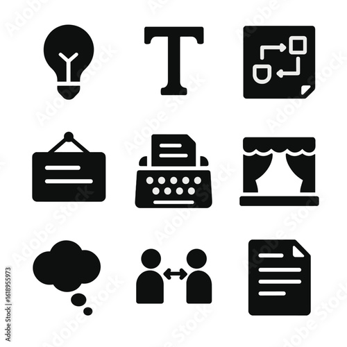 Conceptual Art Tool Icons. Solid, filled icon set of conceptual art tools: idea bulb, word text, diagram sketch, wall label,