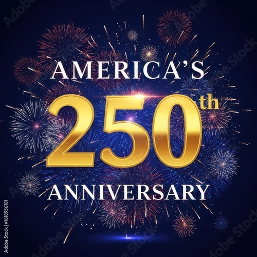 Golden 250th anniversary text with festive fireworks display on dark blue background