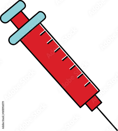 Bright red emergency syringe illustration with translucent barrel and medical details