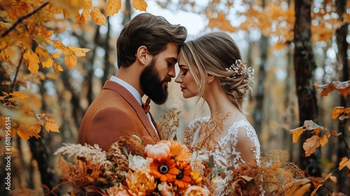Couple Embraces in Autumn Forest During Wedding Ceremony Surrounded by Vibran...