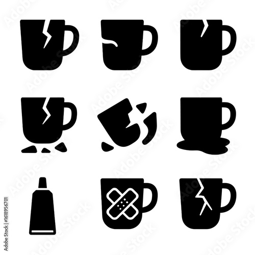 Cracked Mug Icons. Solid, filled icon set of cracked ceramic mugs: broken mug, chipped handle, hairline crack, shattered pieces,