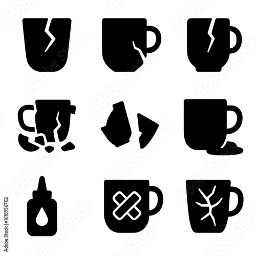 Cracked Mug Icons. Solid, filled icon set of cracked ceramic mugs: broken mug, chipped handle, hairline crack, shattered pieces,