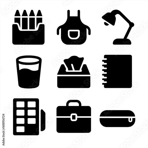 Crayon Art Tools Icons. Solid, filled icon set of Crayon drawing accessories: crayons holder, paint apron, desk lamp, cup with