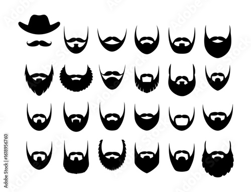 Collection of diverse beard and mustache styles silhouette isolated on white background