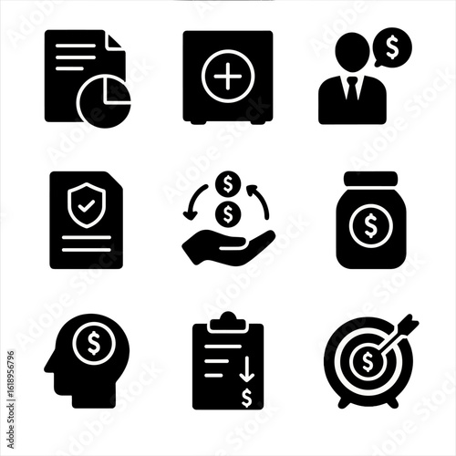 Crisis Management Icons. Solid, filled icon set of crisis management tools: budget plan, emergency fund, financial advisor,
