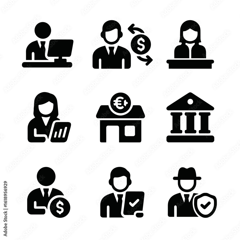 Currency Exchange Icons. Solid, filled icon set of currency exchange participants: trader, broker, bank teller, financial analyst, Currency Exchange Icons. Solid, filled icon set of currency exchange participants: trader, broker, bank teller, financial analyst,