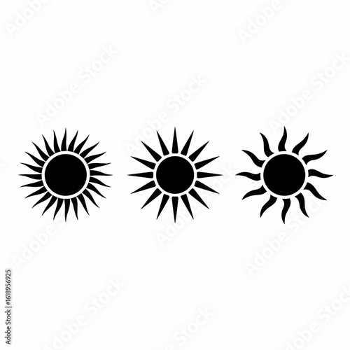 Three stylized sun silhouettes with varying rays isolated on white background