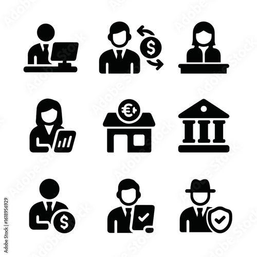Currency Exchange Icons. Solid, filled icon set of currency exchange participants: trader, broker, bank teller, financial analyst,