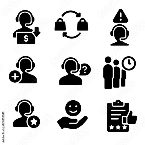 Customer Service Icons. Solid, filled icon set of customer service scenarios: refund, exchange, complaint, assistance, inquiry,