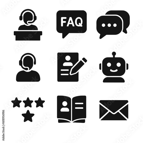 Customer Support Icons. Solid, filled icon set of customer interaction and support: help desk, FAQ, live chat, phone support,