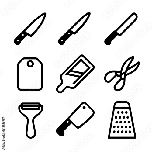 Cutting Tool Icons. Solid, filled icon set of Cutting and slicing tools: chef’s knife, paring knife, bread knife, cutting board,