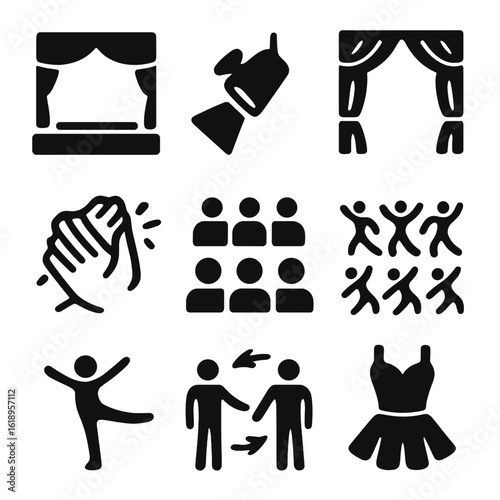 Dance Performance Icons. Solid, filled icon set of dance performances: stage, spotlight, curtains, applause, audience,