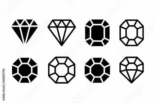 Collection of geometric gemstone silhouettes isolated on white background