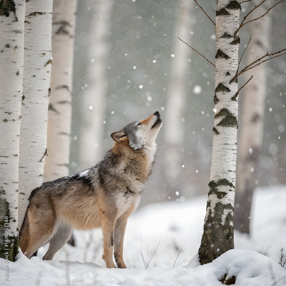 Fototapeta premium Grey Wolf (Canis lupus) Between Trees Looks Up and to Right Winter