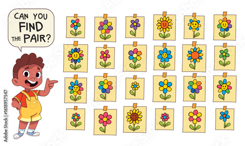Fun visual puzzle for kids find the two identical flowers among many colorful cards. Great for learning, activity books, and educational games. Find the Match. Funny cartoon characters. Set
