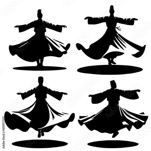 Silhouettes of dancers performing traditional Turkish whirling dervish (Sufi) dance with flowing robes