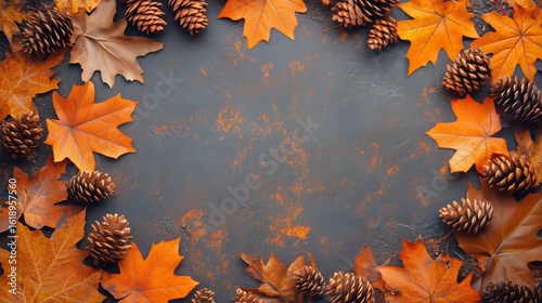 Autumn Leaves and Pine Cones Arranged on a Rustic Surface for Seasonal Decora...