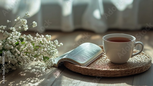 Cozy Tea Break With a Book and Flowers on a Wooden Table by a Sunlit Window