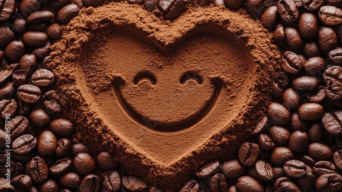 A heart-shaped smiley face drawn in coffee grounds surrounded by beans.