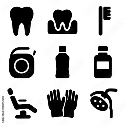 Dental Care Icon Set. Solid, filled icon set of dental care: tooth, gums, toothbrush, floss, toothpaste, mouthwash, dental chair,