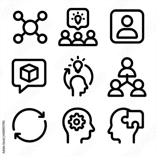 Design Thinking Icons. Solid, filled icon set of Design thinking: mind map diagram, brainstorming session, user persona icon,