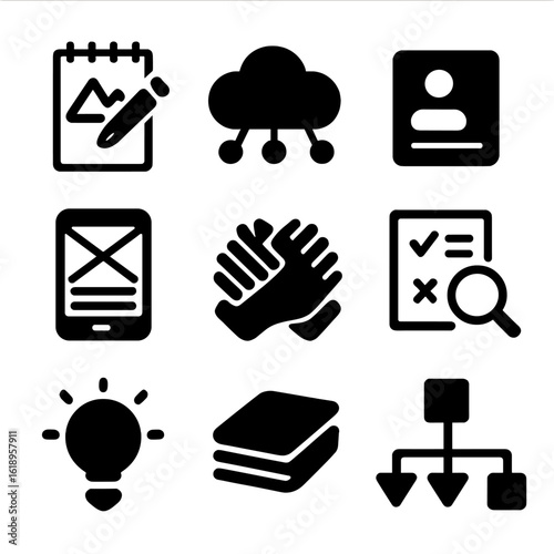 Design Thinking Icons. Solid, filled icon set of Design thinking: sketch pad, brainstorming cloud, user persona profile, prototype