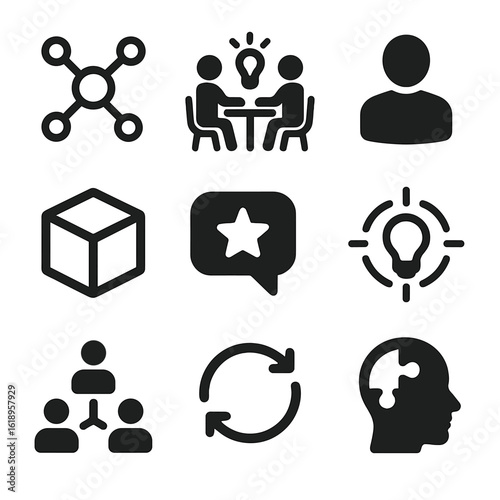 Design Thinking Icons. Solid, filled icon set of Design thinking: mind map diagram, brainstorming session, user persona icon,