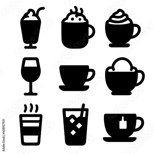 Dessert Beverage Icons. Solid, filled icon set of dessert beverages: milkshake, hot chocolate, coffee with whipped cream, dessert