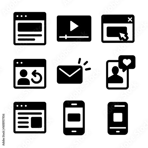 Digital Advertising Icons. Solid, filled icon set of online advertising types: banner ad, video ad, pop-up, sponsored post,