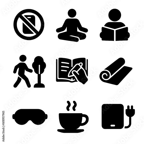 Digital Detox Icons. Solid, filled icon set of digital detox habits: no phone sign, meditation pose, book reading, nature walk,