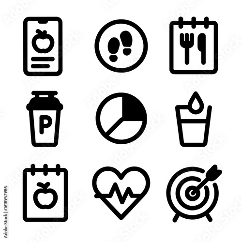 Digital Nutrition Icons. Solid, filled icon set of digital nutrition tracking: smartphone with app, step counter, meal log,
