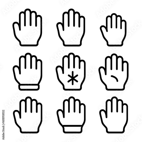 Diverse Hand Icons. Solid, filled icon set of diverse hand styles: male hand, female hand, child hand, gloved hand, tattooed hand,