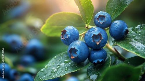 Fresh Blueberries Growing on a Bush During Golden Hour in a Fruit Farm.