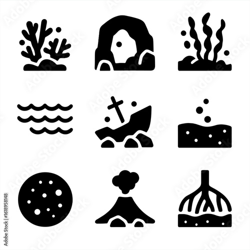 Diving Icon Set. Solid, filled icon set of Diving environments: coral reef, underwater cave, kelp forest, open ocean, shipwreck