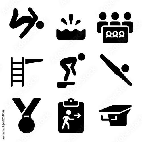 Diving Competition Icons. Solid, filled icon set of diving competition actions: diver mid-flip, water splash, judges scorecard,