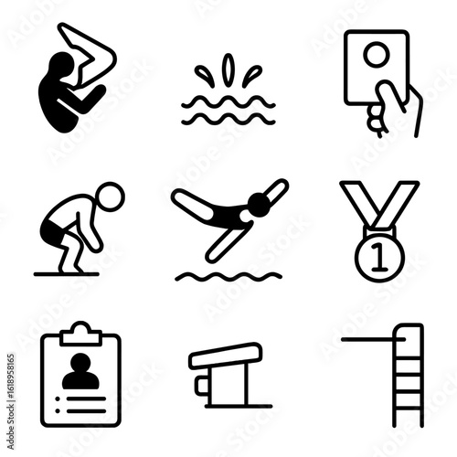 Diving Competition Icons. Solid, filled icon set of diving competition actions: diver mid-flip, water splash, judges scorecard,