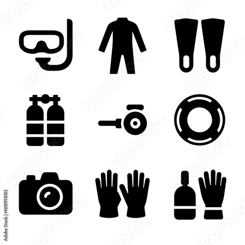 Diving Gear Icons. Solid, filled icon set of diving equipment: mask, snorkel, fins, wetsuit, diving tank, regulator, buoy,