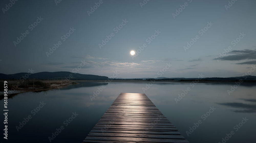 Fototapeta premium Moonlit Serenity: A serene lake scene with a wooden pier leading into calm waters under a moonlit sky.