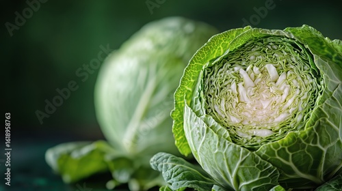 Fresh Green Cabbage With Curled Leaves Displayed on a Dark Background in a Cu...