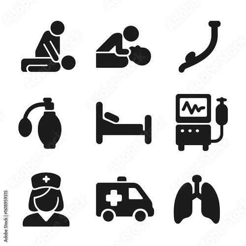 Emergency Care Icons. Solid, filled icon set of emergency respiratory care: CPR icon, rescue breathing, intubation tube, emergency