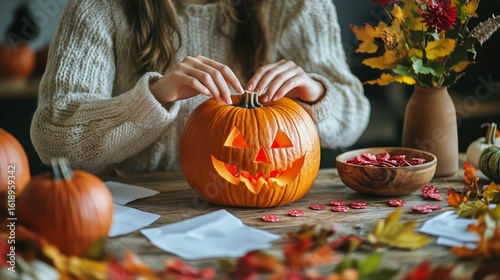 Pumpkin Carving Activity During Autumn Celebration at Home With Festive Decor...