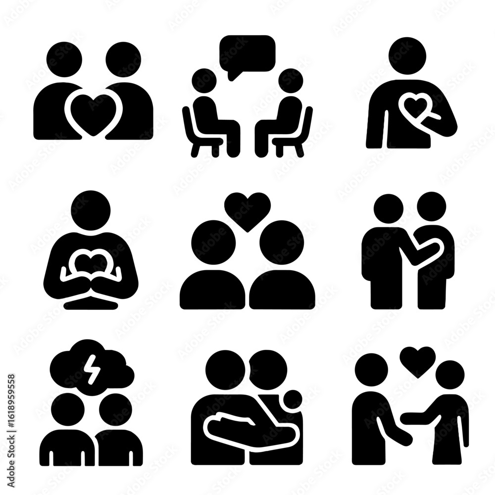 Emotional Intimacy Icons. Solid, filled icon set of emotional intimacy: shared feelings, open discussion, emotional vulnerability, Emotional Intimacy Icons. Solid, filled icon set of emotional intimacy: shared feelings, open discussion, emotional vulnerability,