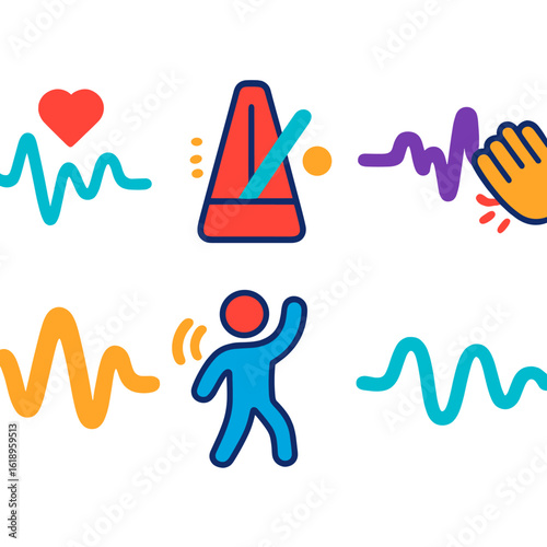 Vibrant Music Icons. Flat vector icons of rhythmic patterns: beats per minute wave, metronome signal, tempo line. clap wave, music